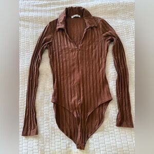 Reformation Brown Ribbed Long Sleeve Bodysuit